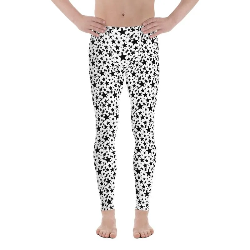 Black Star Meggings, White Star Pattern Men's Leggings Athletic Tights- Made in USA/EU