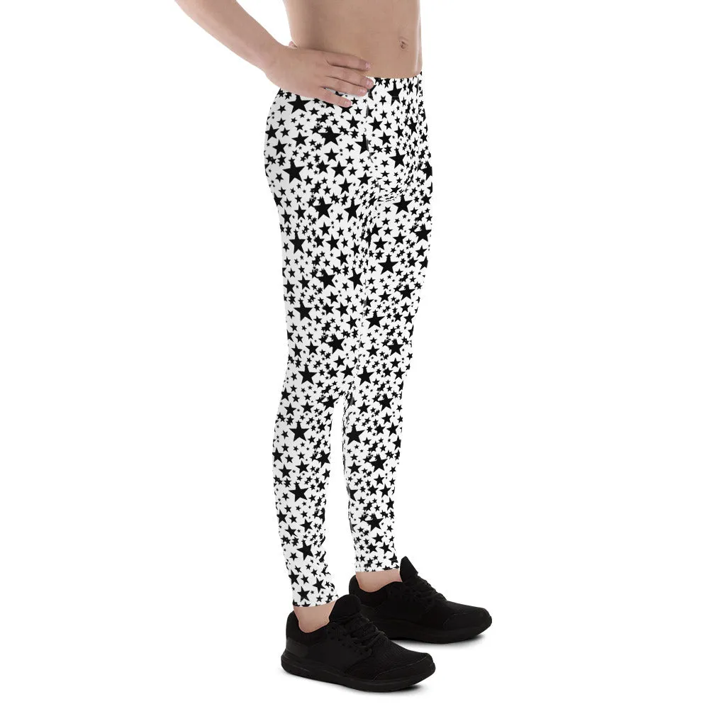 Black Star Meggings, White Star Pattern Men's Leggings Athletic Tights- Made in USA/EU