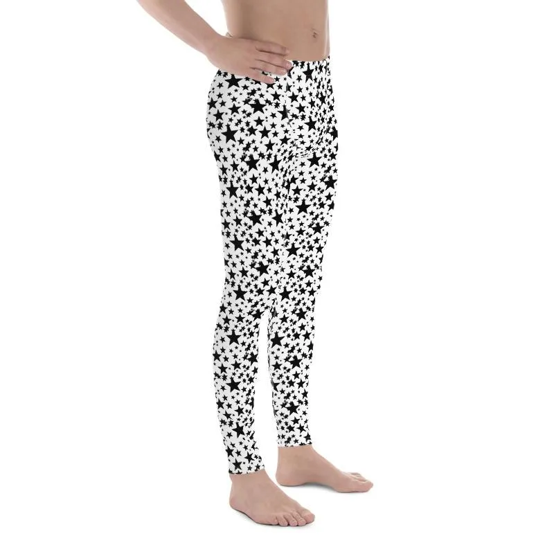 Black Star Meggings, White Star Pattern Men's Leggings Athletic Tights- Made in USA/EU