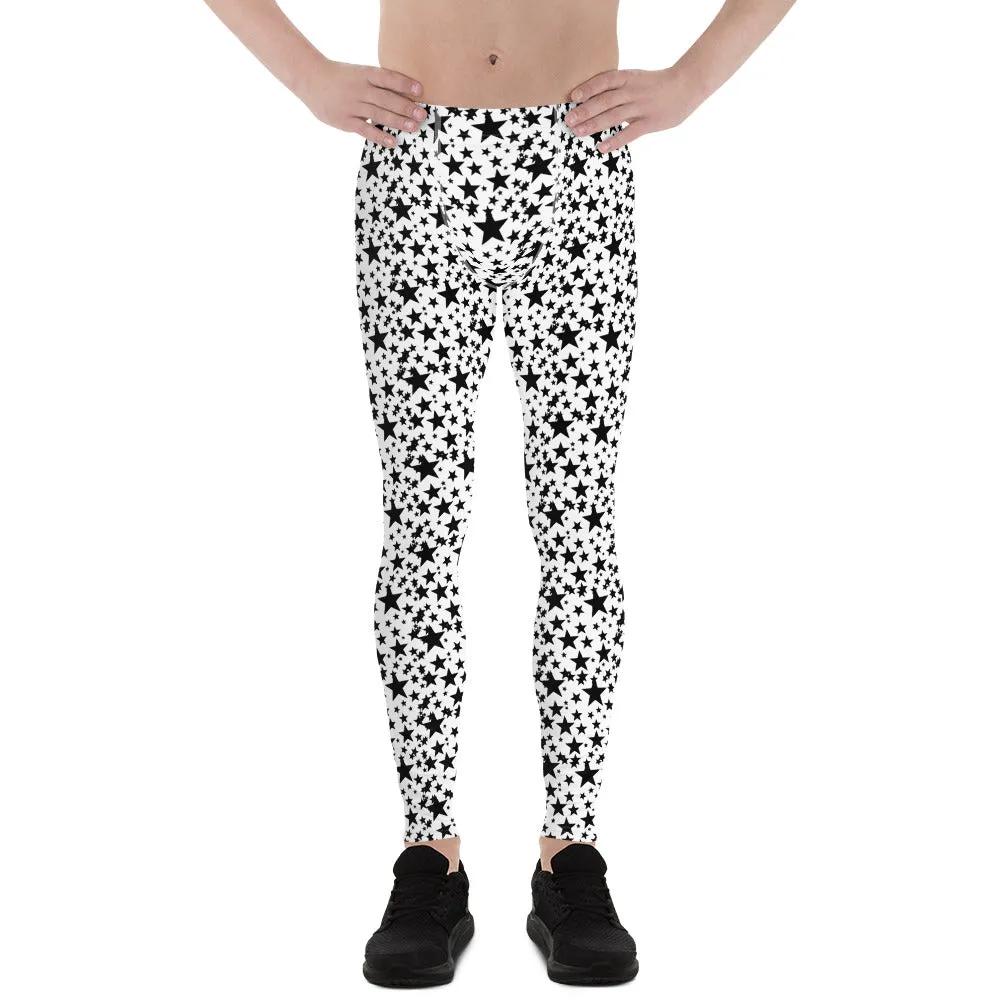 Black Star Meggings, White Star Pattern Men's Leggings Athletic Tights- Made in USA/EU