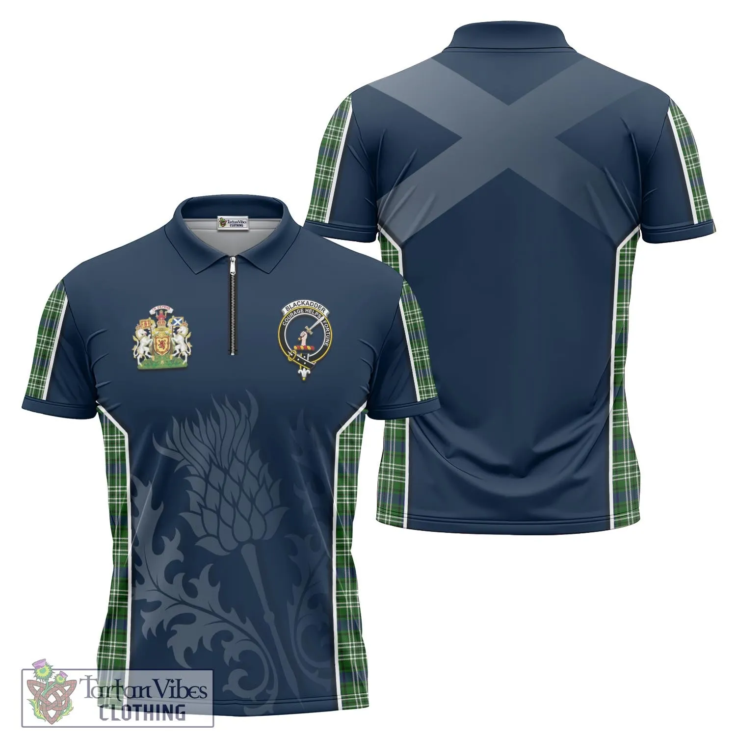 Blackadder Tartan Zipper Polo Shirt with Family Crest and Scottish Thistle Vibes Sport Style