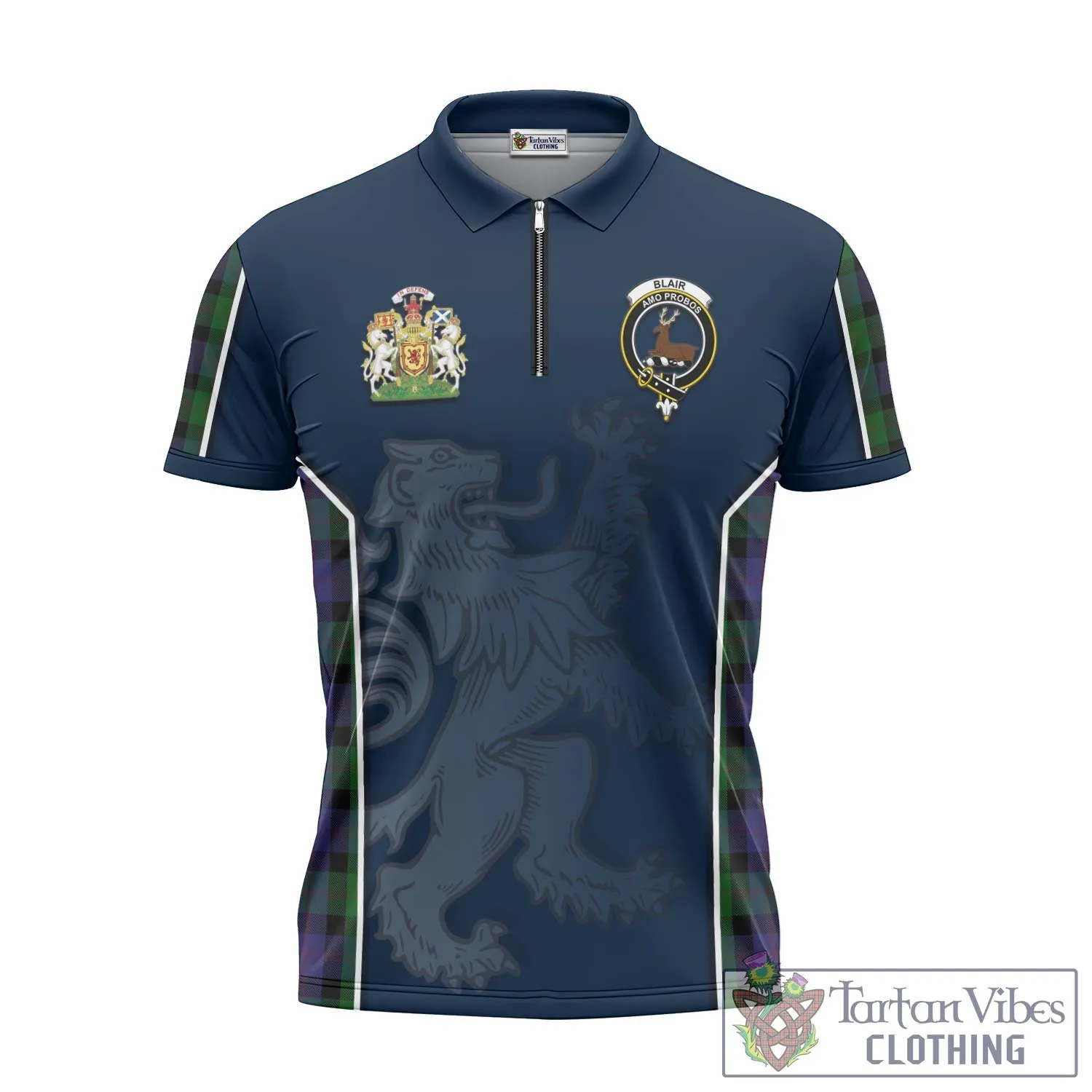 Blair Tartan Zipper Polo Shirt with Family Crest and Lion Rampant Vibes Sport Style