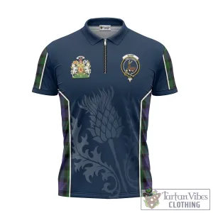 Blair Tartan Zipper Polo Shirt with Family Crest and Scottish Thistle Vibes Sport Style