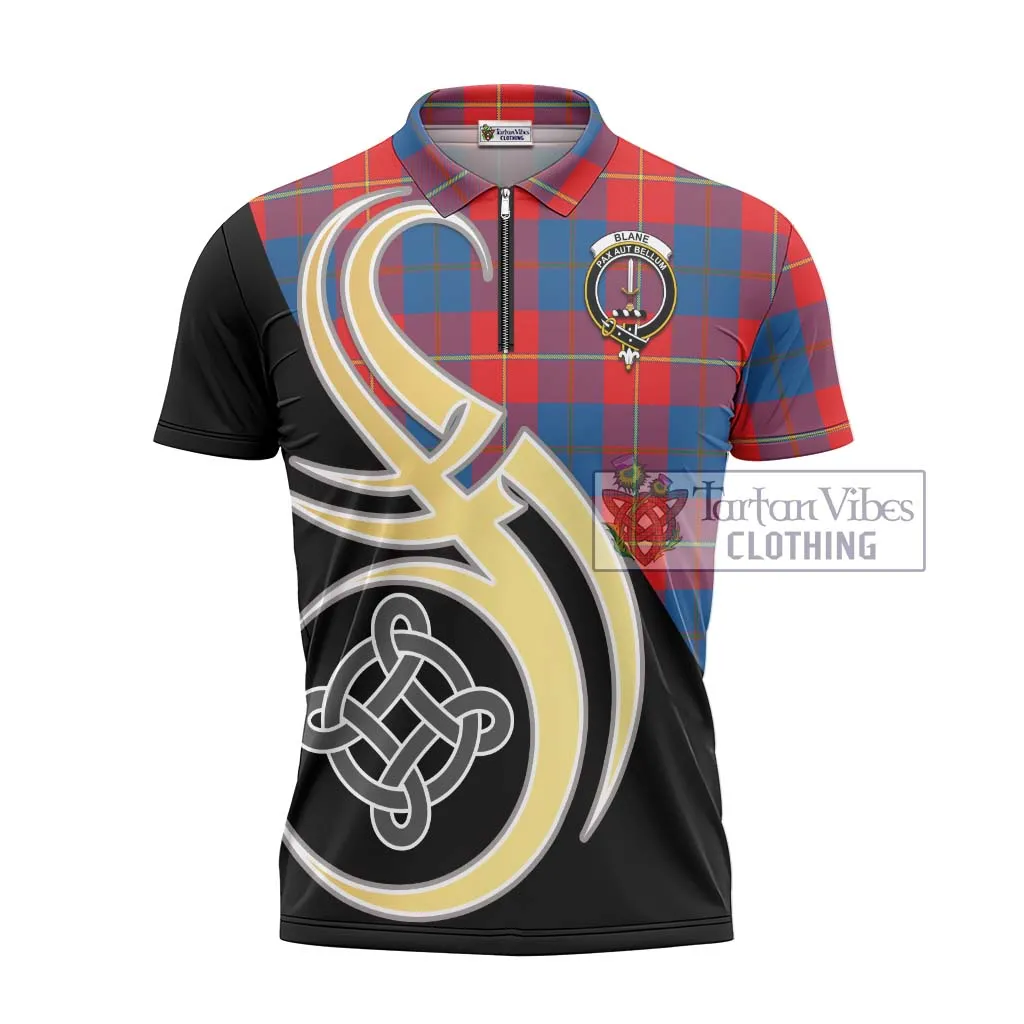 Blane Tartan Zipper Polo Shirt with Family Crest and Celtic Symbol Style