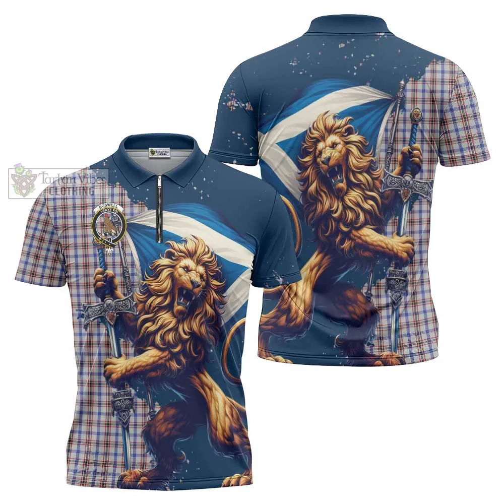 Boswell Tartan Family Crest Zipper Polo Shirt with Scottish Majestic Lion