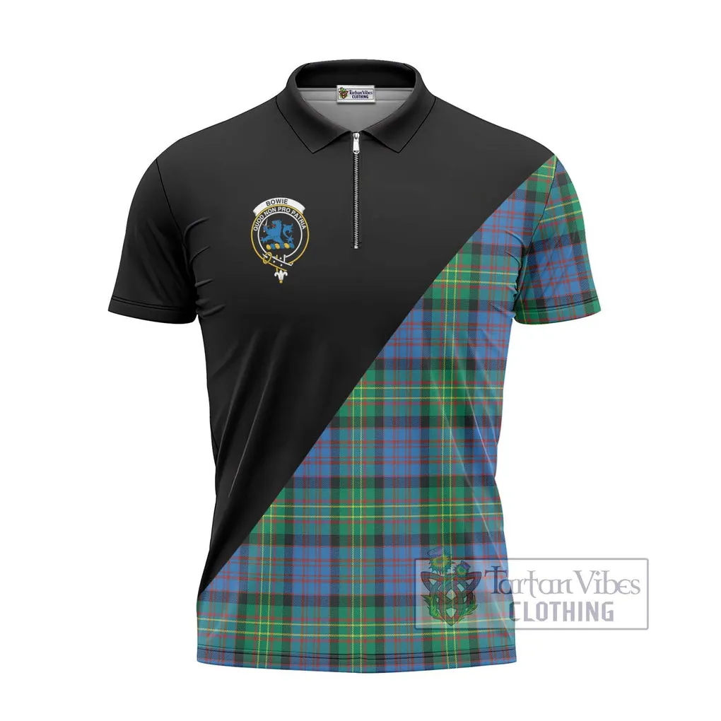 Bowie Ancient Tartan Zipper Polo Shirt with Family Crest and Military Logo Style