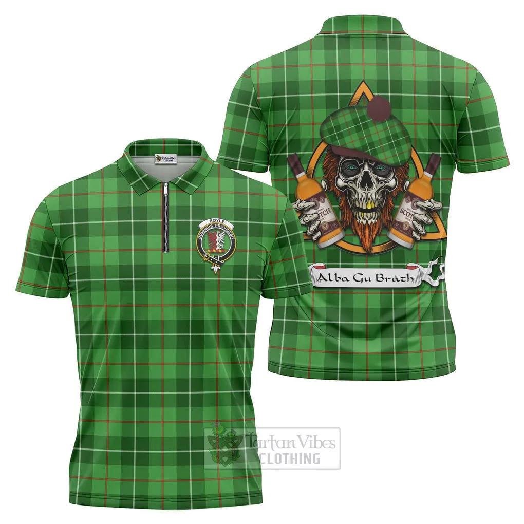 Boyle Tartan Zipper Polo Shirt with Family Crest and Bearded Skull Holding Bottles of Whiskey