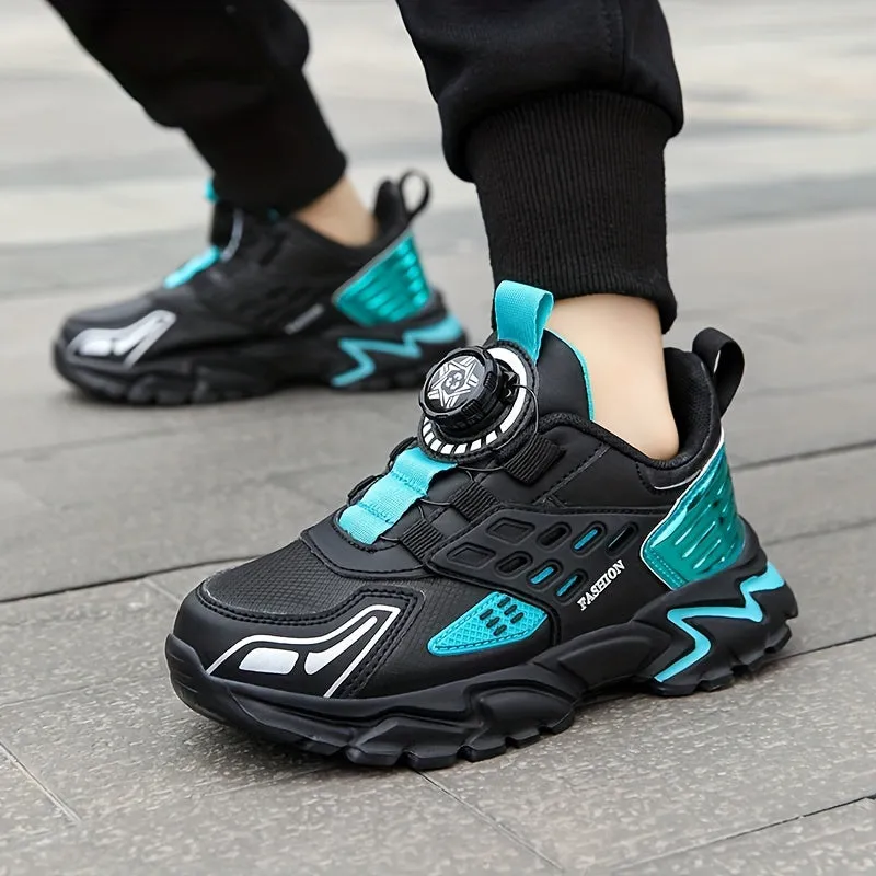 Boys' Casual Low-Top Running Shoes with Rotating Button, Comfy Non-Slip Sneakers for Outdoor Activities.