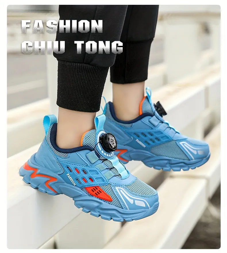 Boys' Casual Low-Top Running Shoes with Rotating Button, Comfy Non-Slip Sneakers for Outdoor Activities.