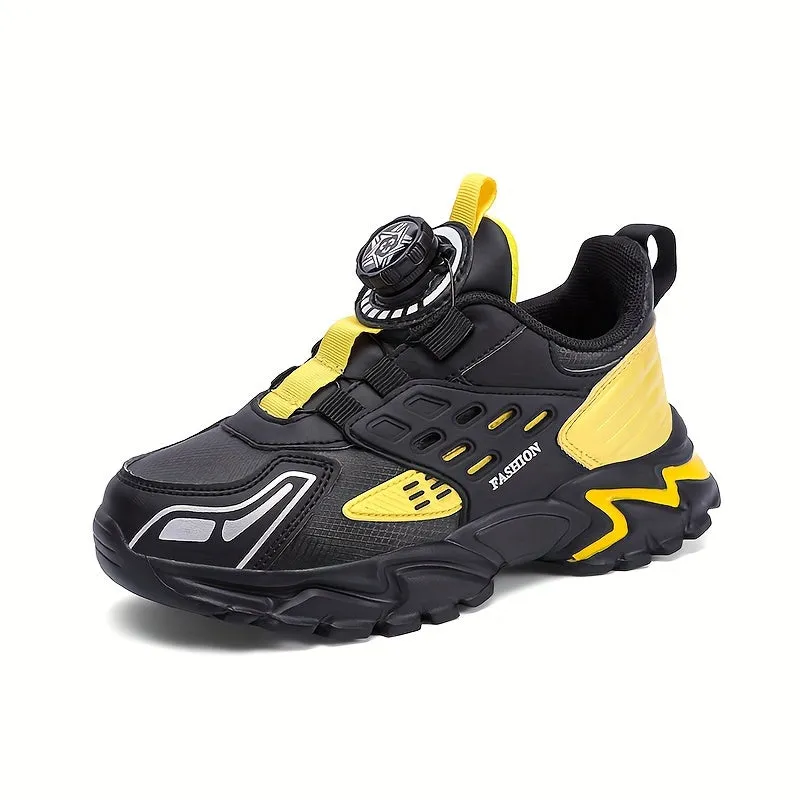 Boys' Casual Low-Top Running Shoes with Rotating Button, Comfy Non-Slip Sneakers for Outdoor Activities.