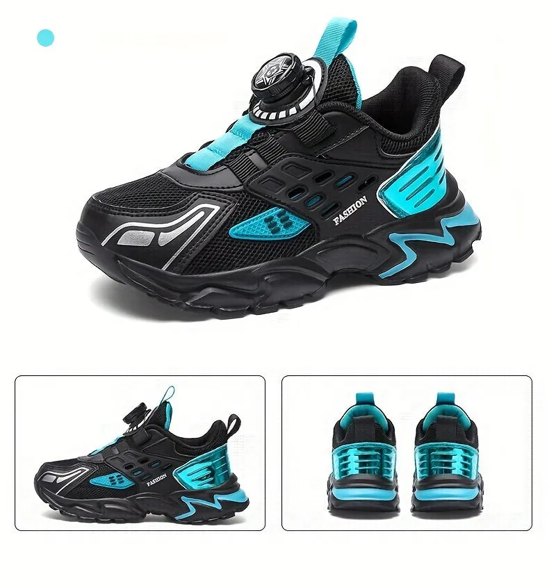 Boys' Casual Low-Top Running Shoes with Rotating Button, Comfy Non-Slip Sneakers for Outdoor Activities.