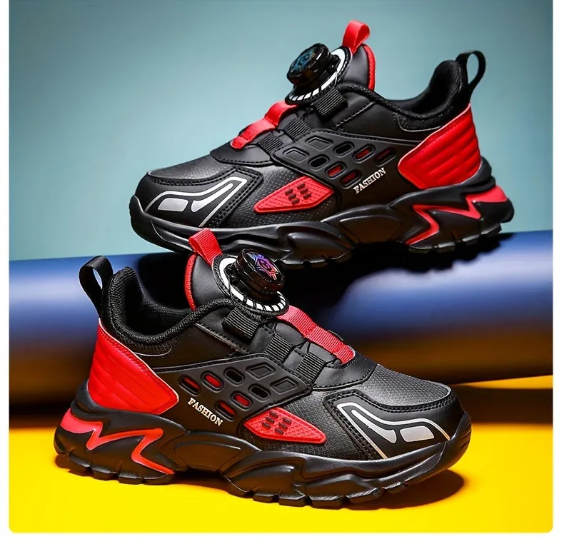 Boys' Casual Low-Top Running Shoes with Rotating Button, Comfy Non-Slip Sneakers for Outdoor Activities.