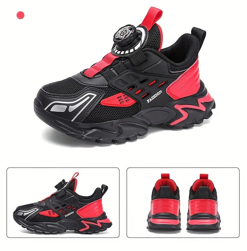 Boys' Casual Low-Top Running Shoes with Rotating Button, Comfy Non-Slip Sneakers for Outdoor Activities.