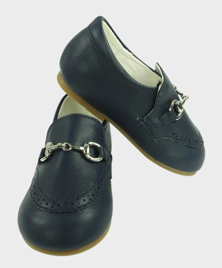 Boys Leather Moccasin Loafers with Silver Horsebit - Navy Blue