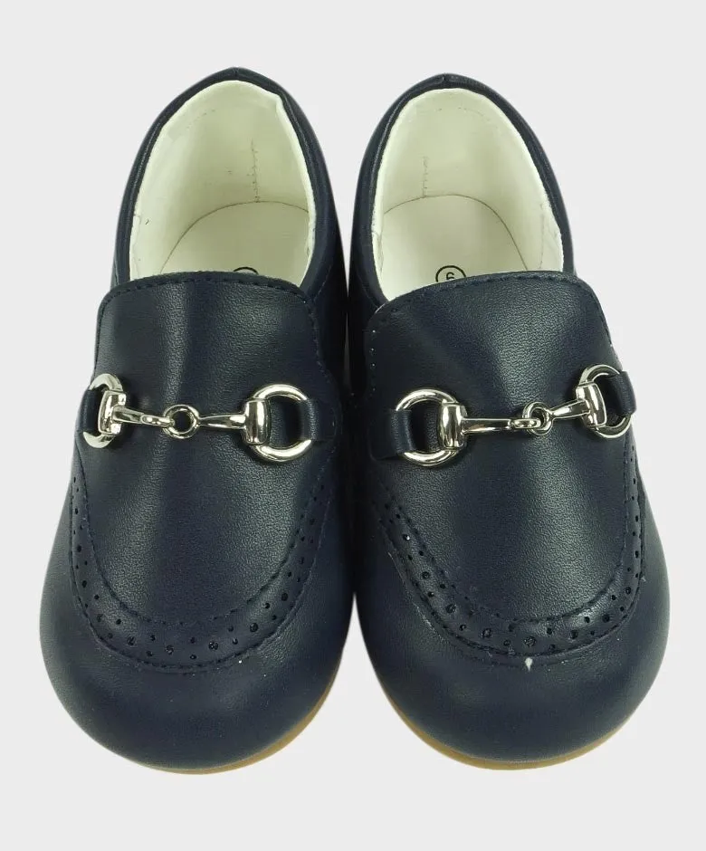 Boys Leather Moccasin Loafers with Silver Horsebit - Navy Blue