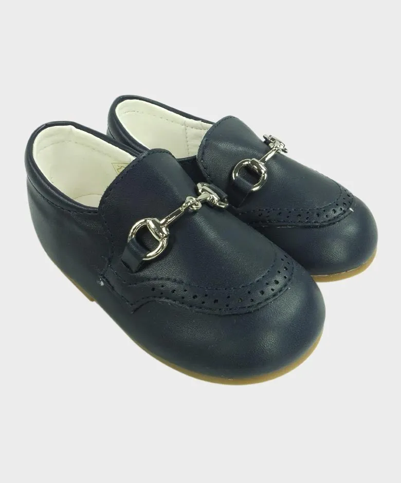 Boys Leather Moccasin Loafers with Silver Horsebit - Navy Blue