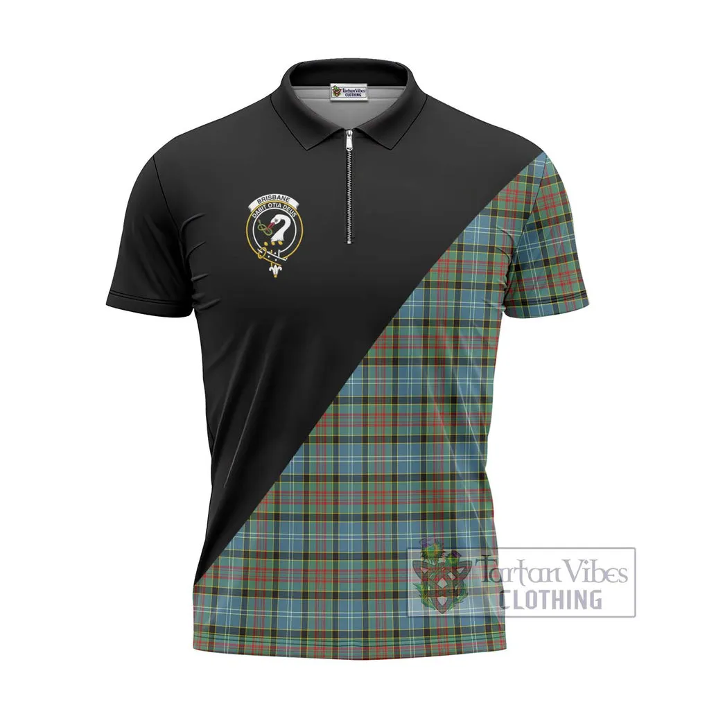 Brisbane Tartan Zipper Polo Shirt with Family Crest and Military Logo Style