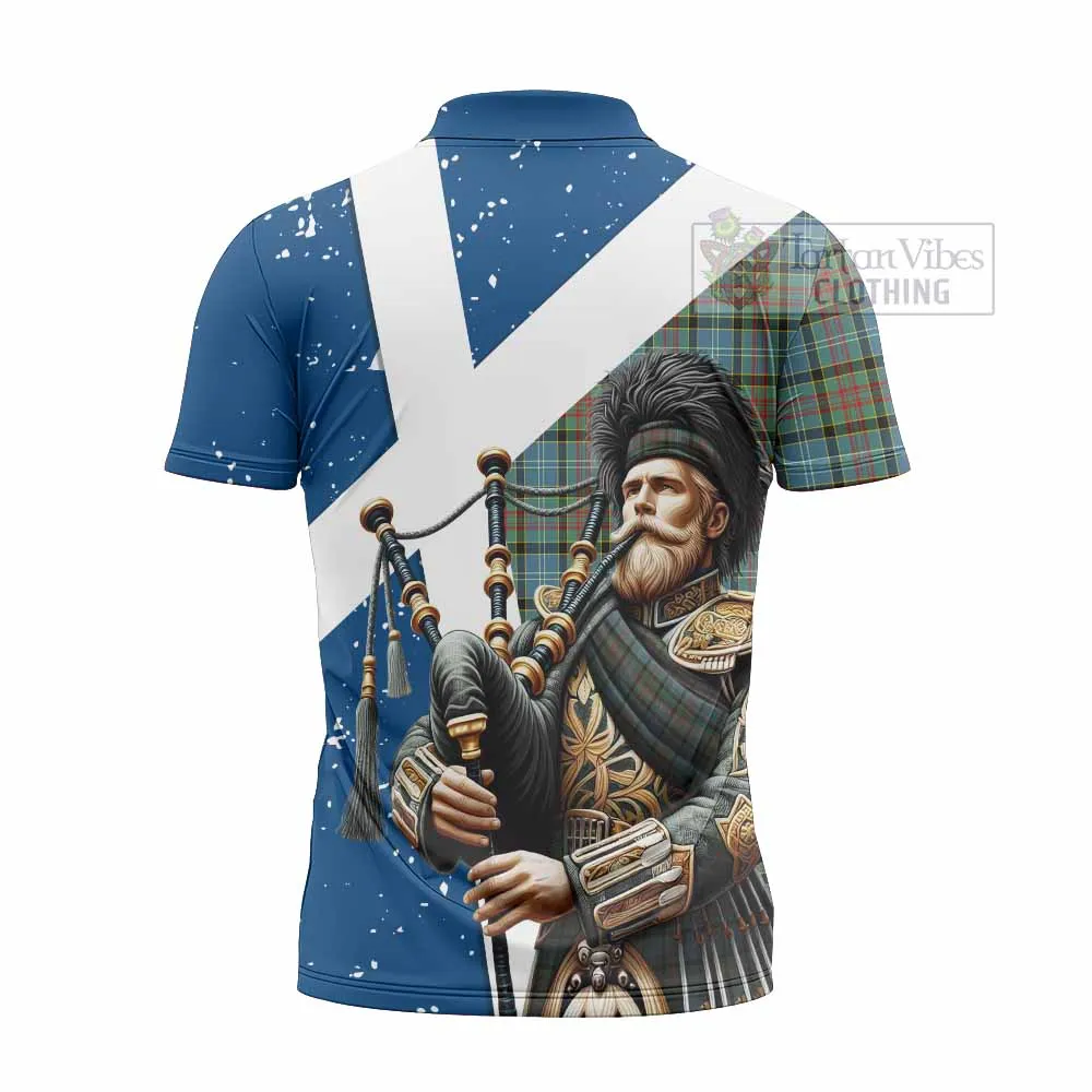 Brisbane Tartan Zipper Polo Shirt with Family Crest Scottish Bagpiper Vibes