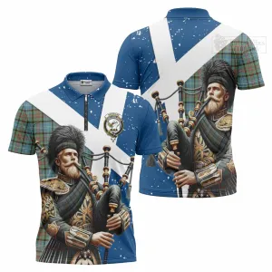 Brisbane Tartan Zipper Polo Shirt with Family Crest Scottish Bagpiper Vibes