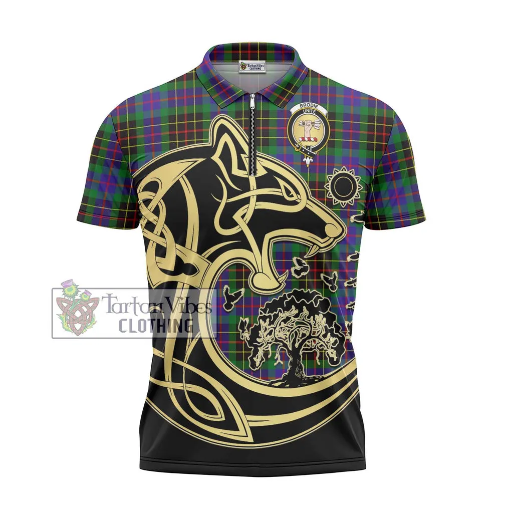 Brodie Hunting Modern Tartan Zipper Polo Shirt with Family Crest Celtic Wolf Style