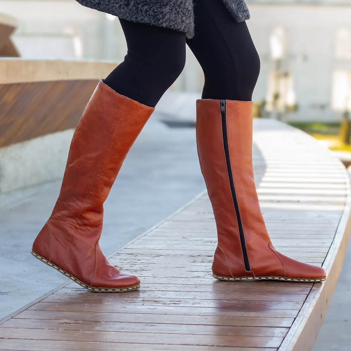 Brown Women's Leather Barefoot Earthing Long Boots