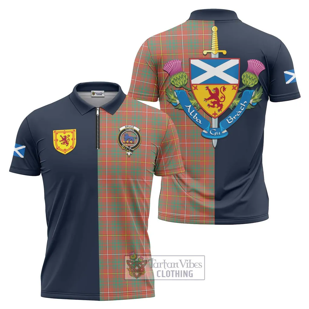 Bruce Ancient Tartan Zipper Polo Shirt Alba with Scottish Lion Royal Arm Half Style