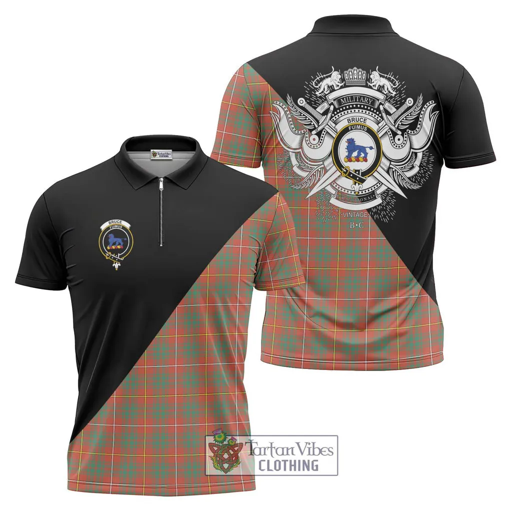 Bruce Ancient Tartan Zipper Polo Shirt with Family Crest and Military Logo Style