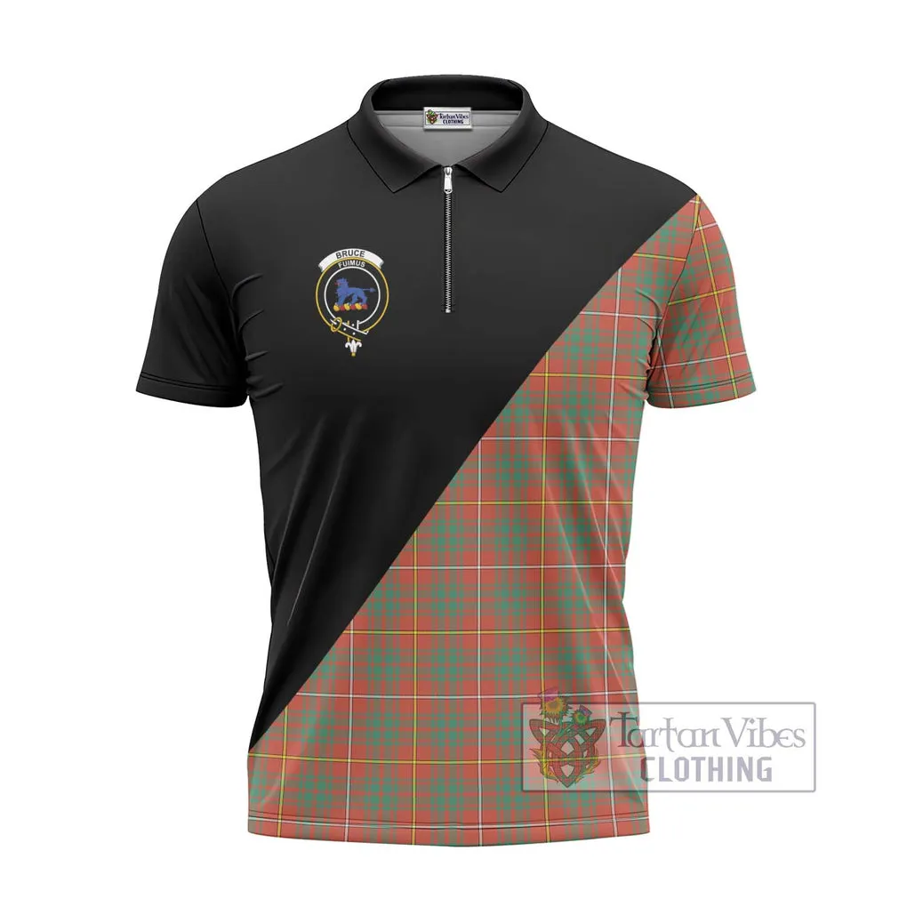 Bruce Ancient Tartan Zipper Polo Shirt with Family Crest and Military Logo Style