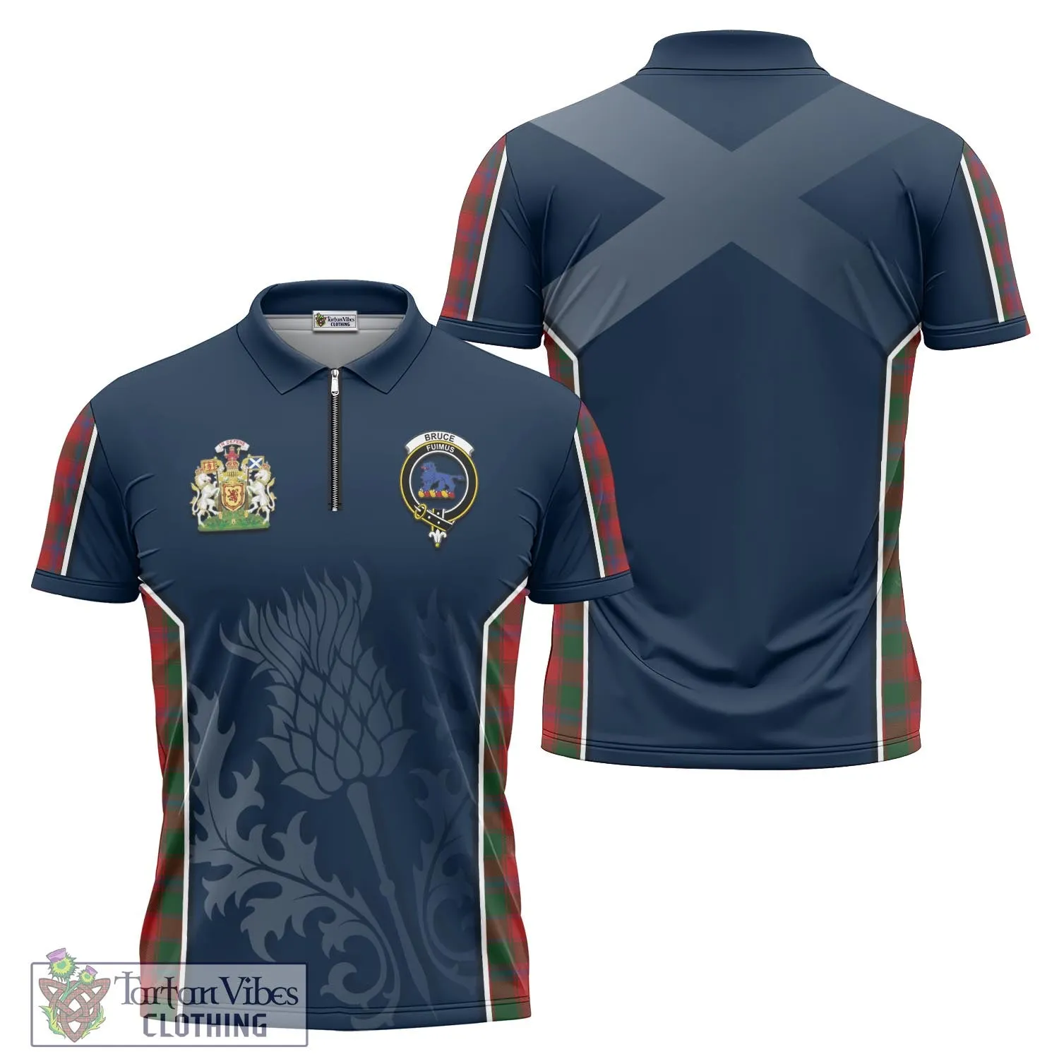 Bruce Old Tartan Zipper Polo Shirt with Family Crest and Scottish Thistle Vibes Sport Style