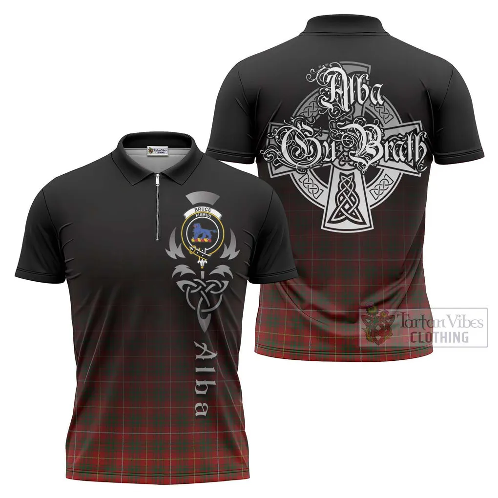 Bruce Tartan Zipper Polo Shirt Featuring Alba Gu Brath Family Crest Celtic Inspired