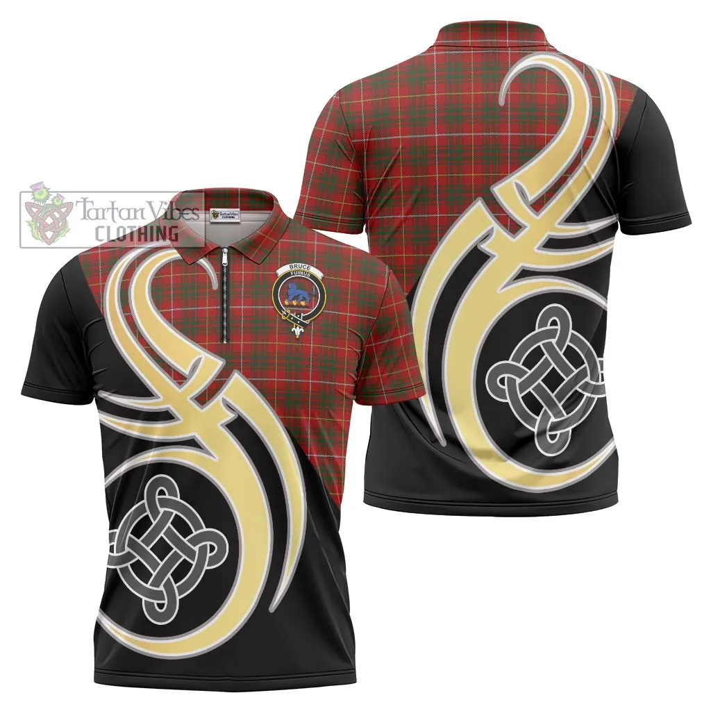 Bruce Tartan Zipper Polo Shirt with Family Crest and Celtic Symbol Style