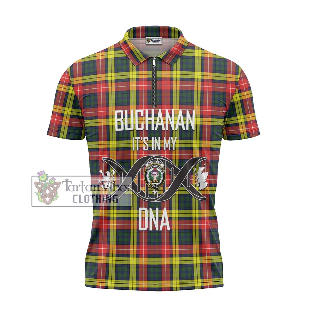 Buchanan Modern Tartan Zipper Polo Shirt with Family Crest DNA In Me Style