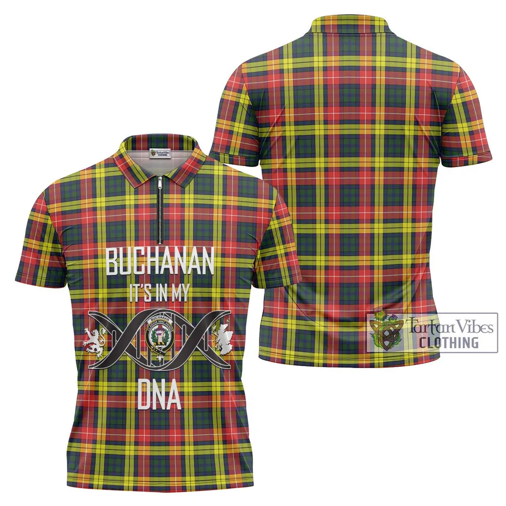 Buchanan Modern Tartan Zipper Polo Shirt with Family Crest DNA In Me Style