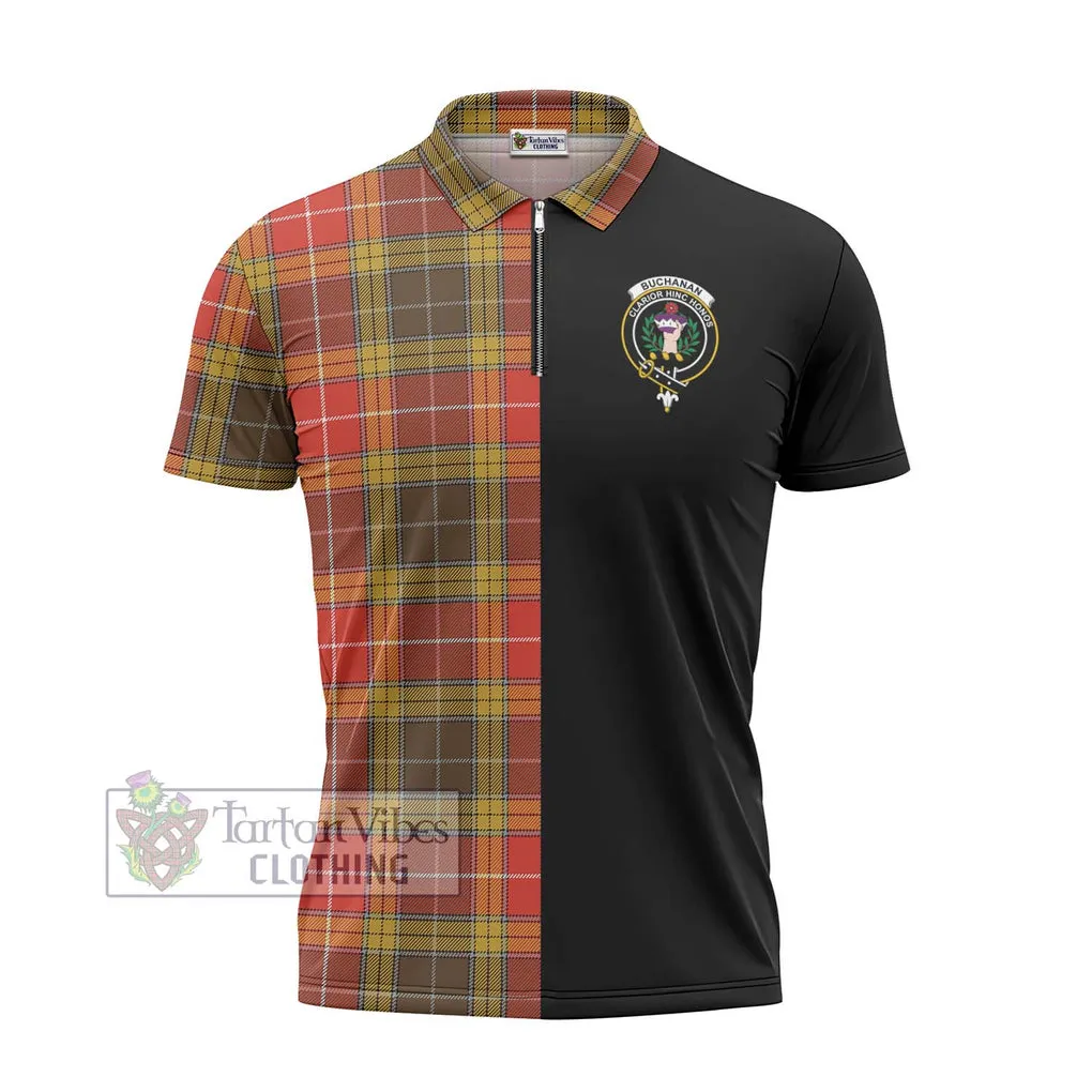 Buchanan Old Set Weathered Tartan Zipper Polo Shirt with Family Crest and Half Of Me Style