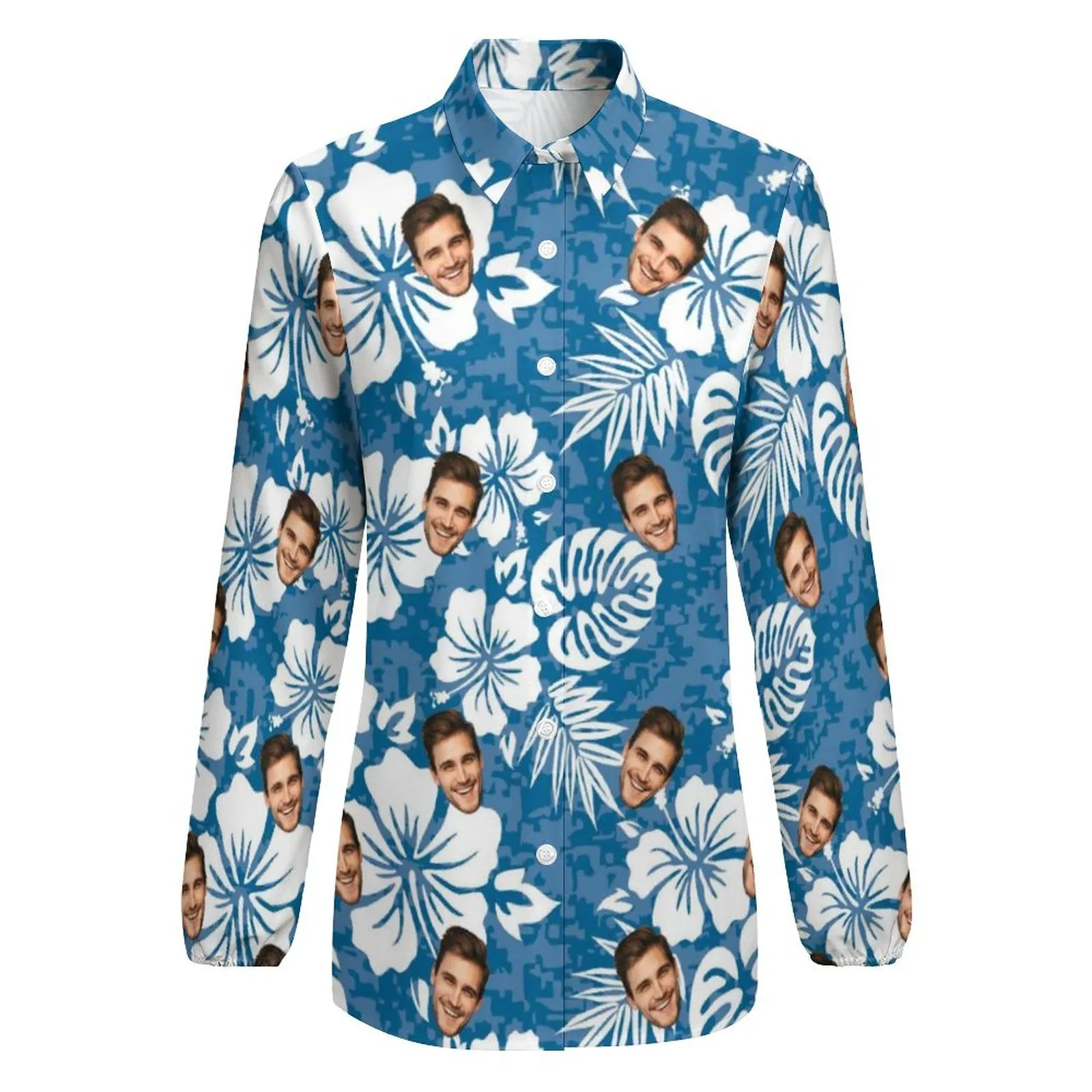 Custom Face Blue Background White Leaves Vntage Casual Long Sleeve Hawaiian Shirts