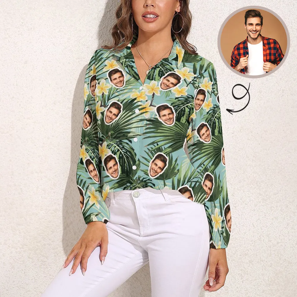 Custom Face Green Leaves Vntage Casual Long Sleeve Hawaiian Shirts