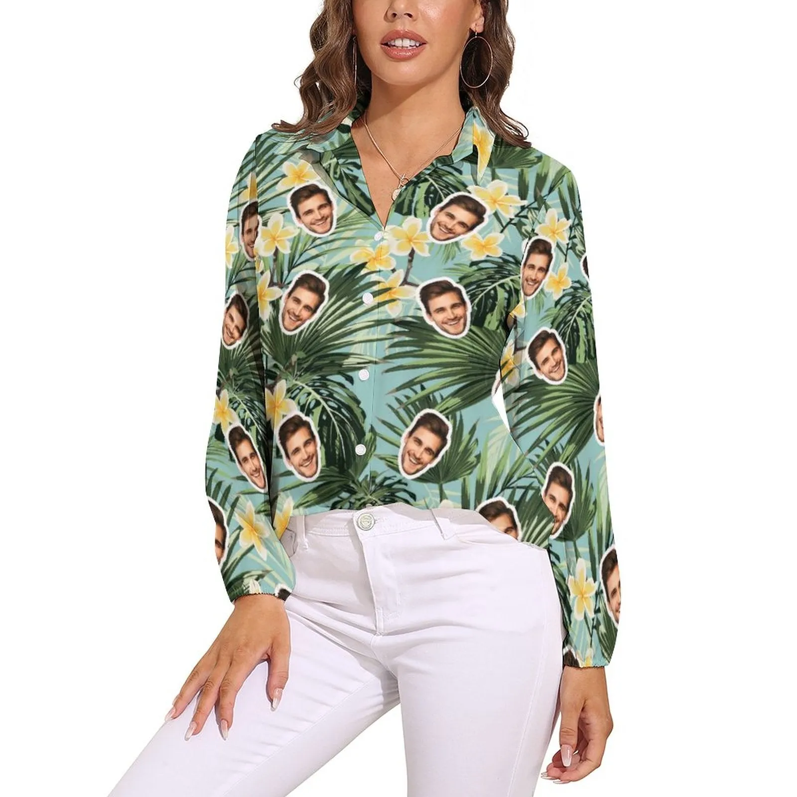 Custom Face Green Leaves Vntage Casual Long Sleeve Hawaiian Shirts