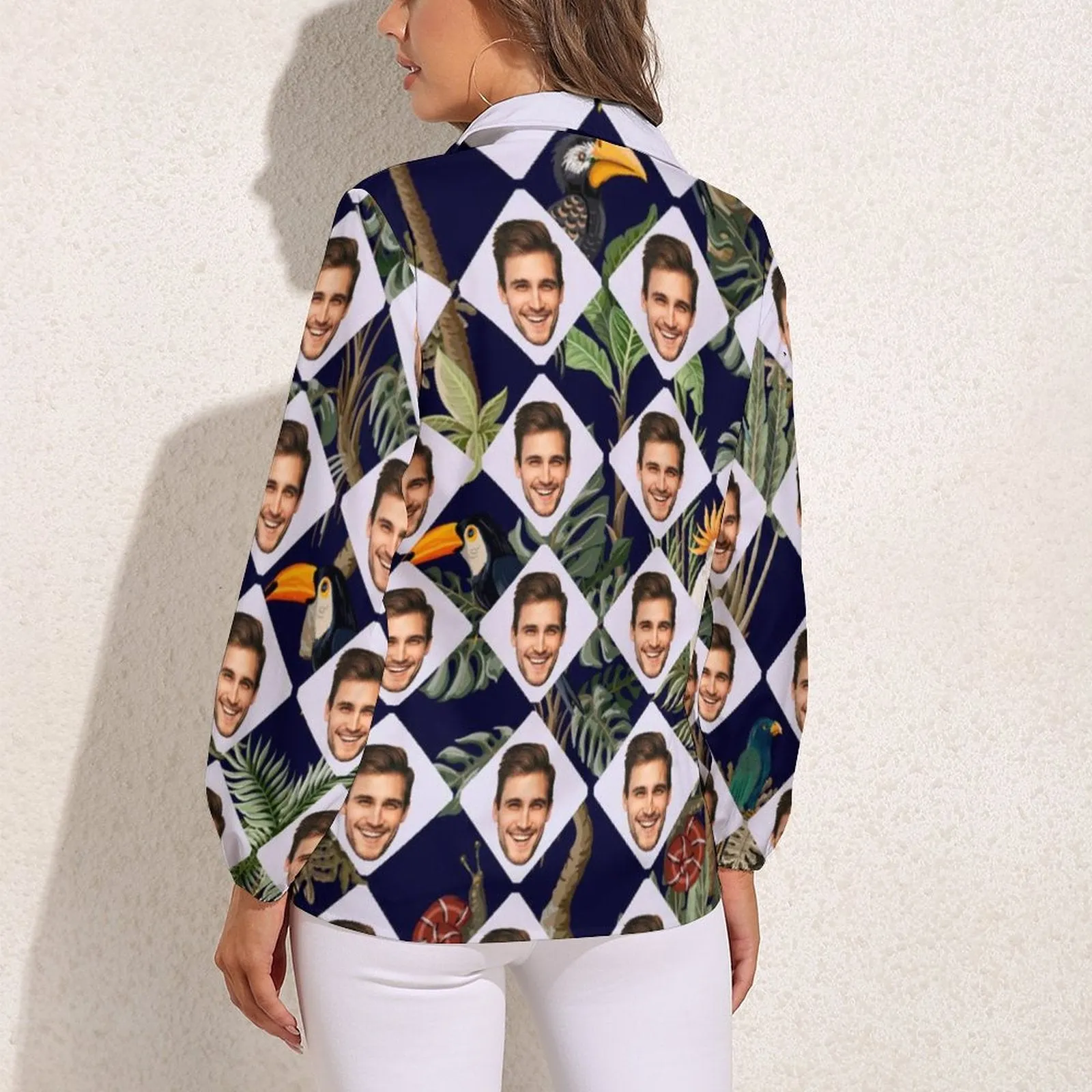 Custom Face Grid Tropical Style Vntage Casual Long Sleeve Hawaiian Shirts