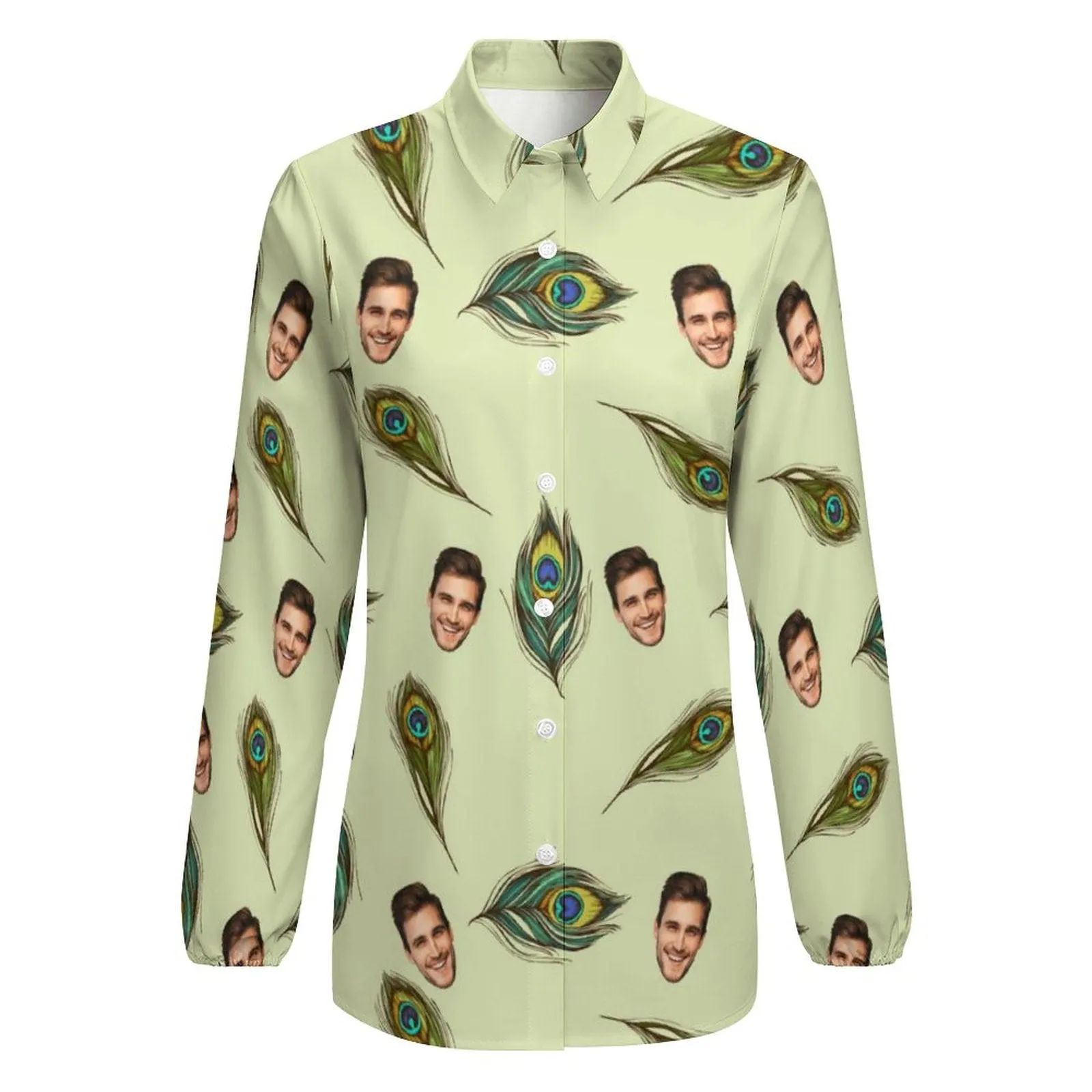 Custom Face Peacock Feather Vntage Casual Long Sleeve Hawaiian Shirts