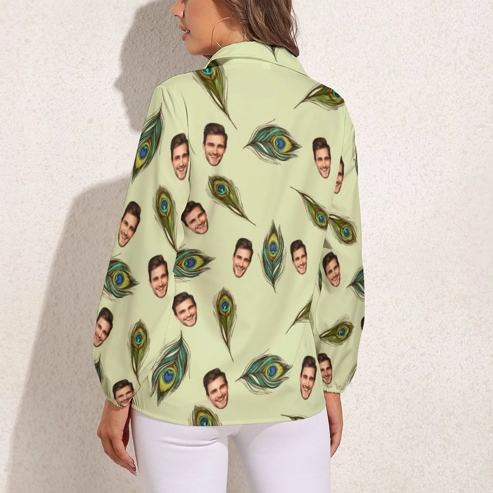 Custom Face Peacock Feather Vntage Casual Long Sleeve Hawaiian Shirts