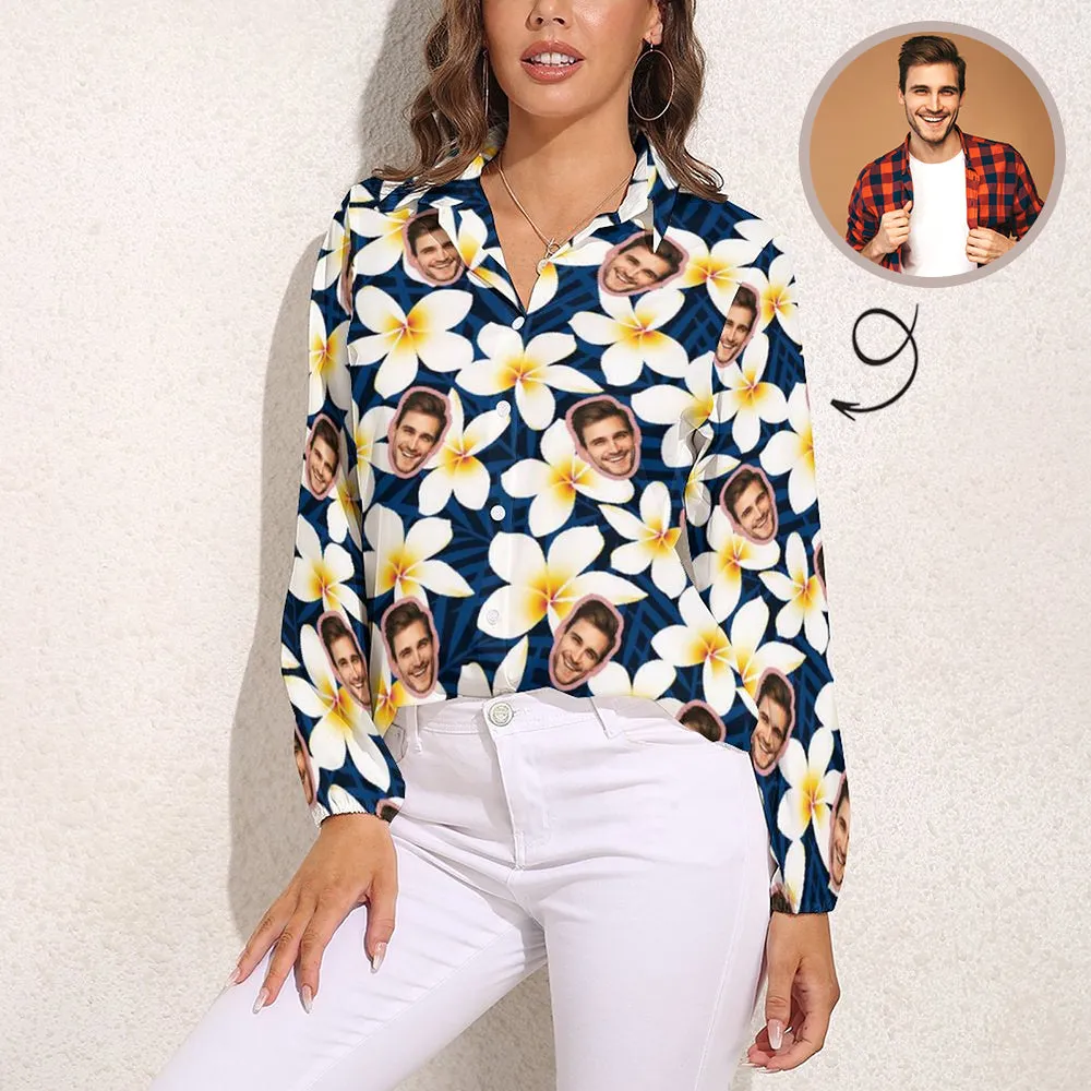 Custom Face Small White Flower Vntage Casual Long Sleeve Hawaiian Shirts