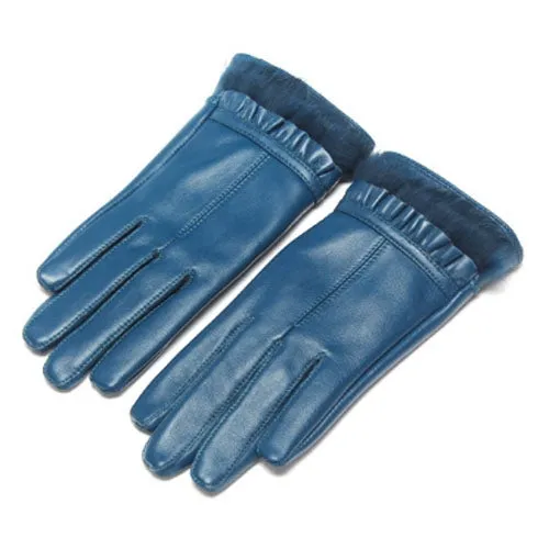 Fashionable Rabbit Fur Sheepskin Leather Gloves for Women (L)(Blue)