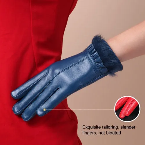 Fashionable Rabbit Fur Sheepskin Leather Gloves for Women (L)(Blue)