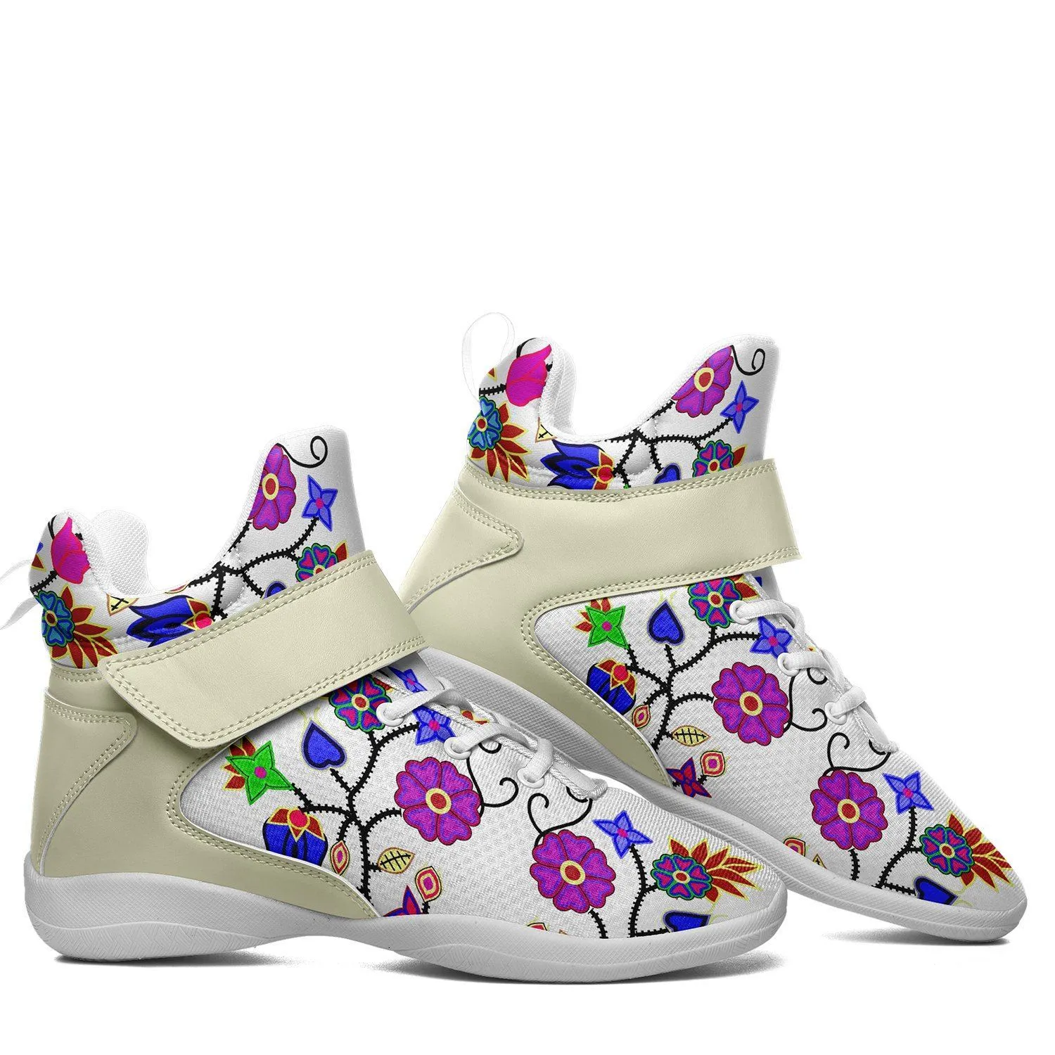 Floral Beadwork Seven Clans White Kid's Ipottaa Basketball / Sport High Top Shoes