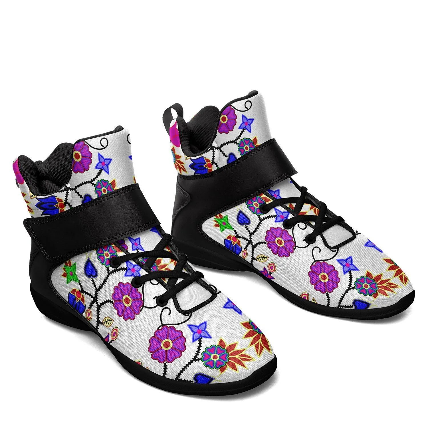 Floral Beadwork Seven Clans White Kid's Ipottaa Basketball / Sport High Top Shoes