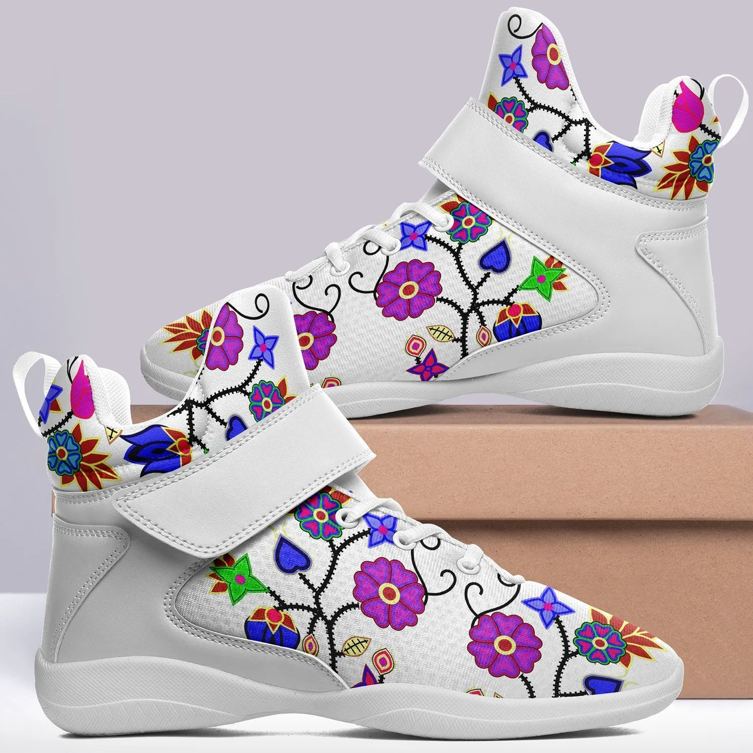 Floral Beadwork Seven Clans White Kid's Ipottaa Basketball / Sport High Top Shoes