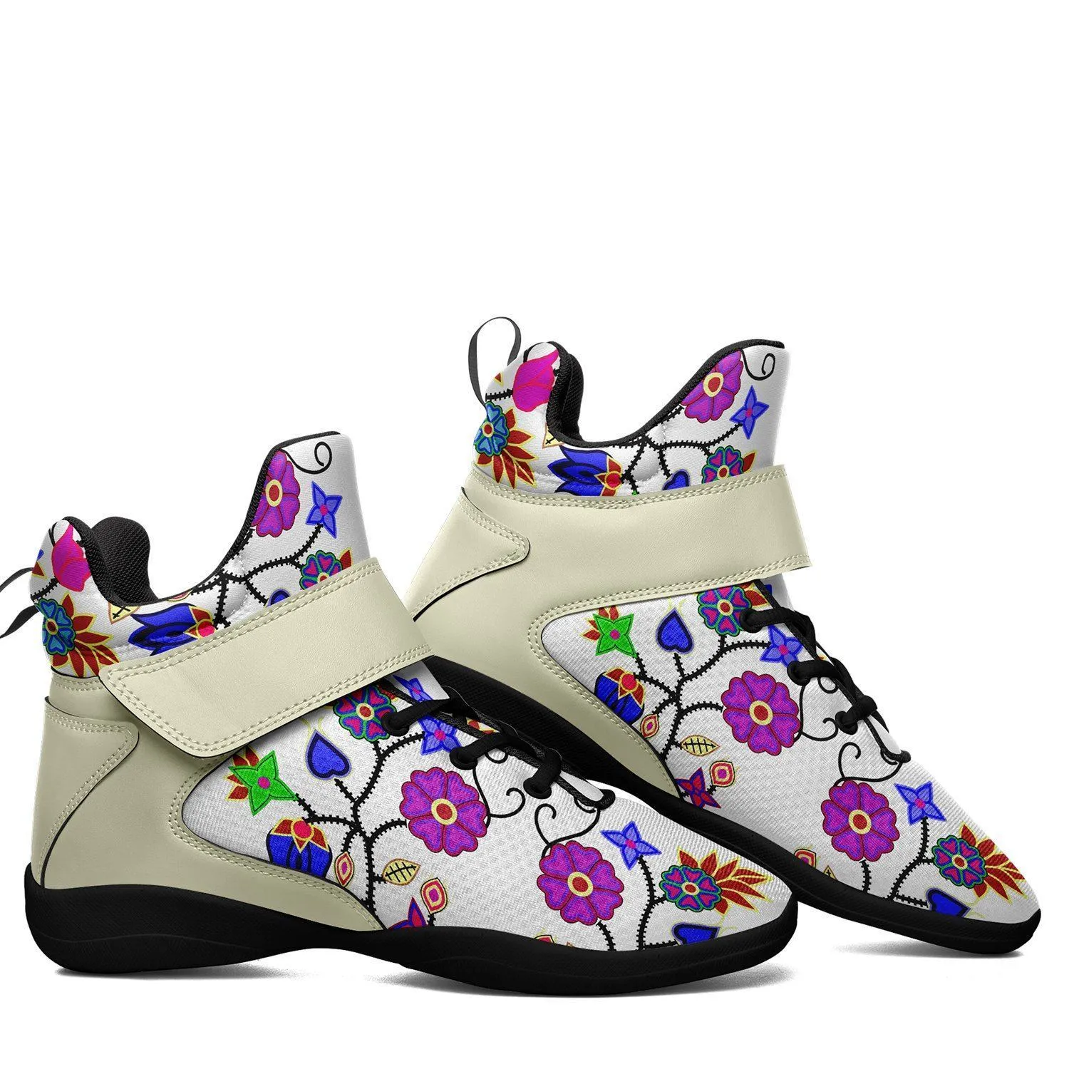 Floral Beadwork Seven Clans White Kid's Ipottaa Basketball / Sport High Top Shoes