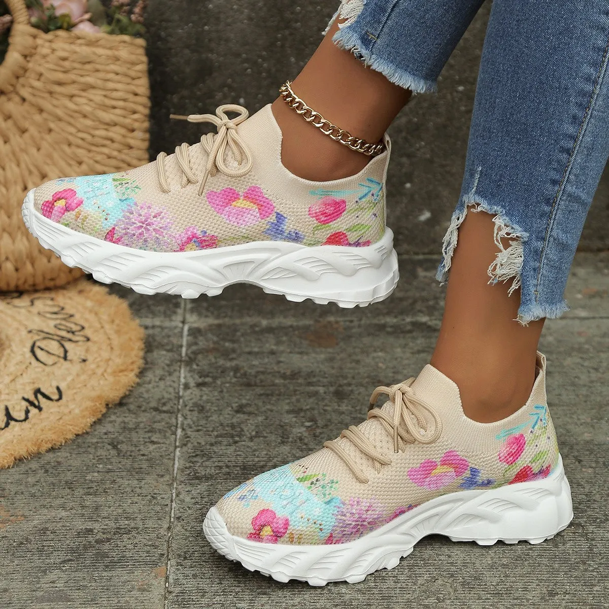 Floral Print Casual Walking Sneakers