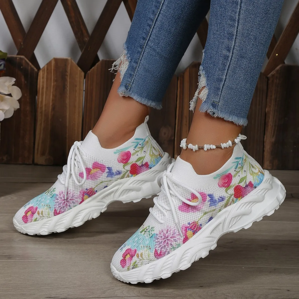 Floral Print Casual Walking Sneakers