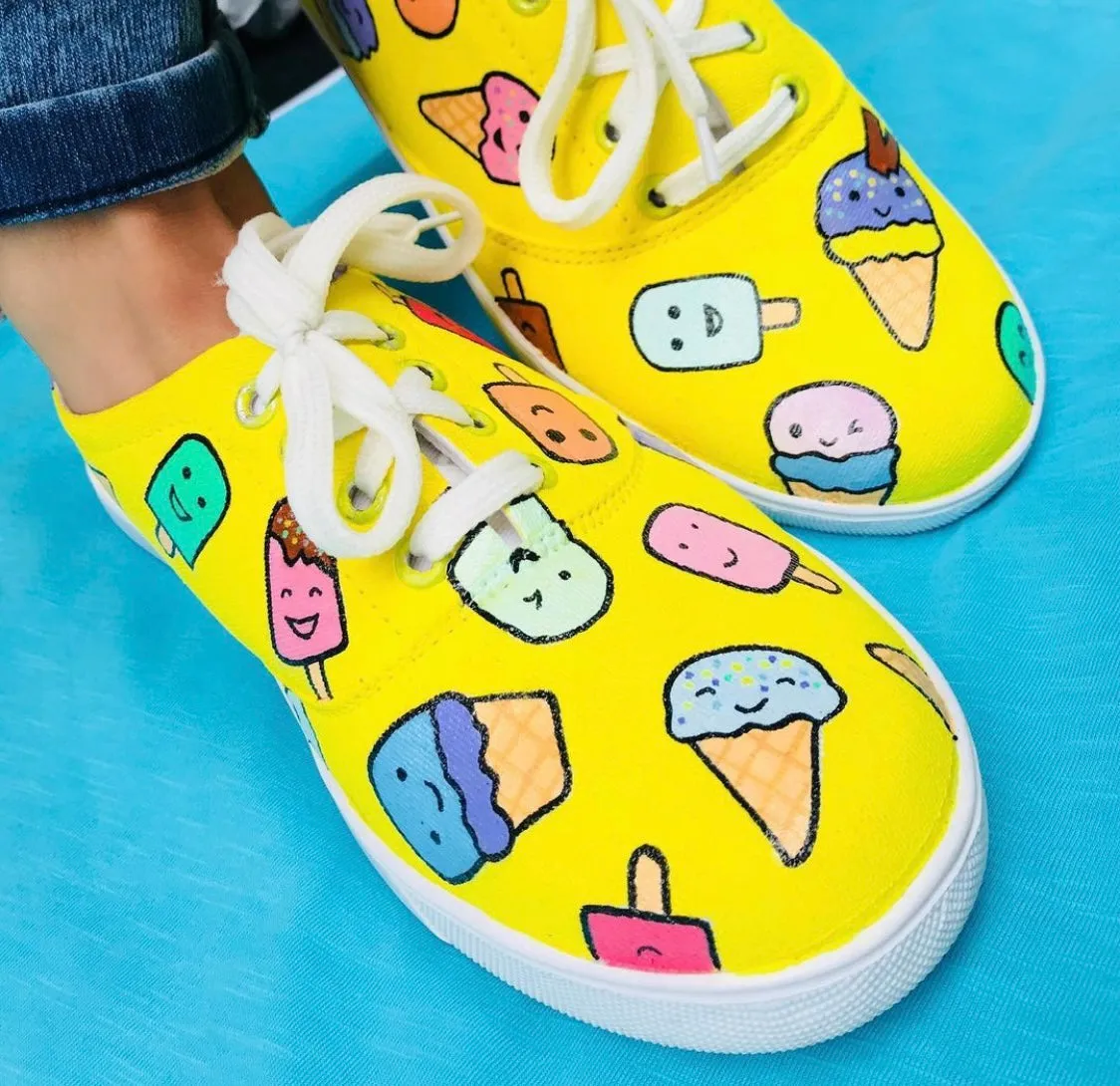 Funky N Trendy hand painted water resistant Ice cream theme yellow shoes